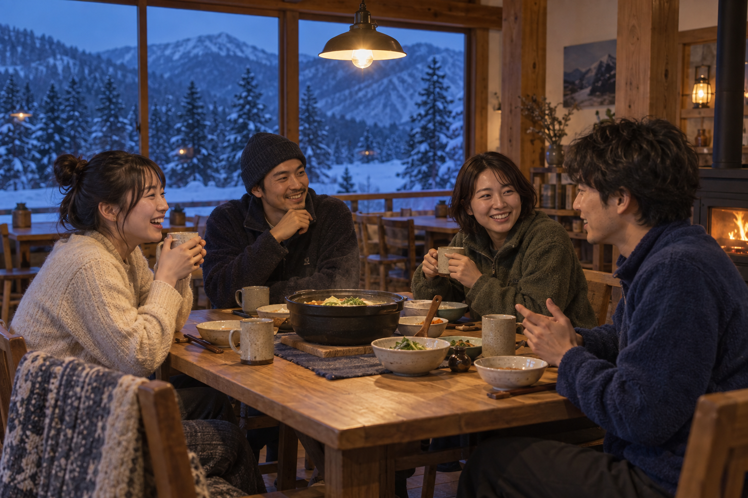 雪山のロッジで仲間と食卓を囲むブランドイメージ